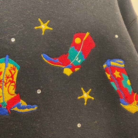 QUACKER Applique BLACK Western SWEATSHIRT "Kick Up Your Heels" BOOTS ~ M / L - Picture 3 of 6